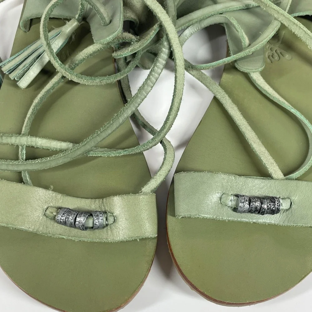 Sz 6.5 Free People Sage Green Leather Lace Up Gladiator Tassel Sandals 37 Boho